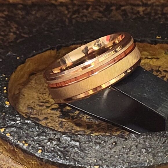 Men's Promise Ring Surgical Steel With Rose Gold Coating and Wood inlay - Picture 7 of 7